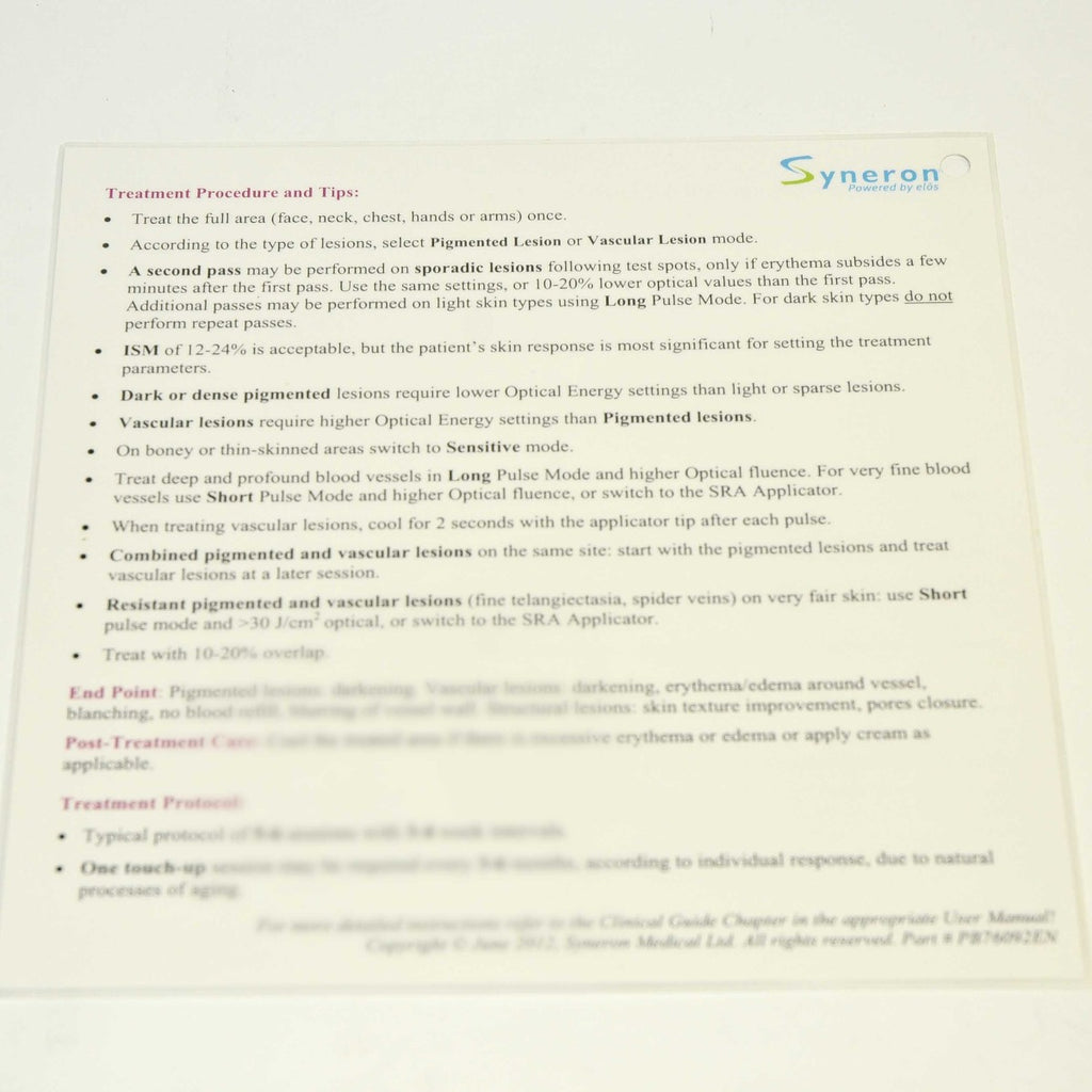 Syneron Candela Elos Plus SR Treatment Quick Reference Guide Parameters 2012