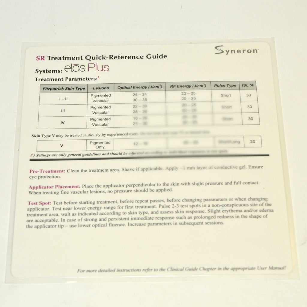 Syneron Candela Elos Plus SR Treatment Quick Reference Guide Parameters User Tip