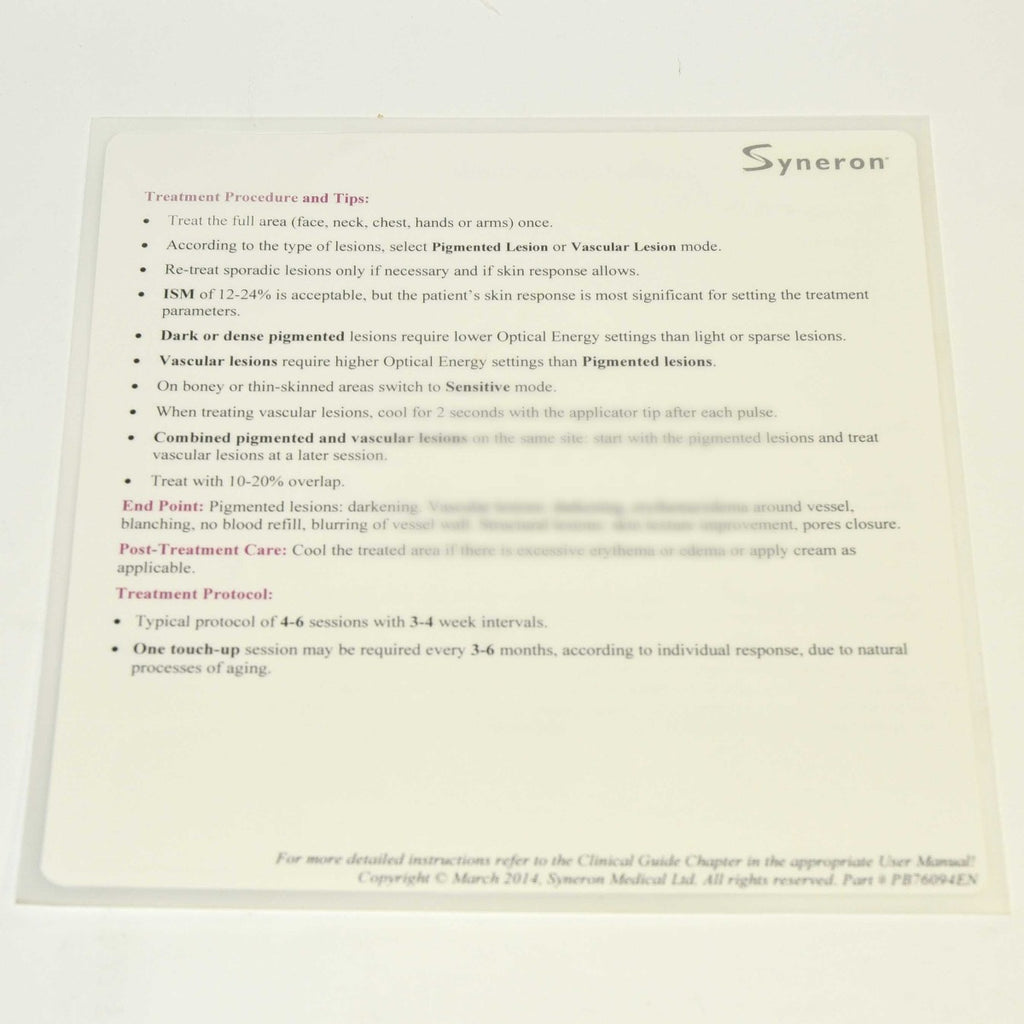 Syneron Candela Elos Plus SR Treatment Quick Reference Guide Parameters User Tip