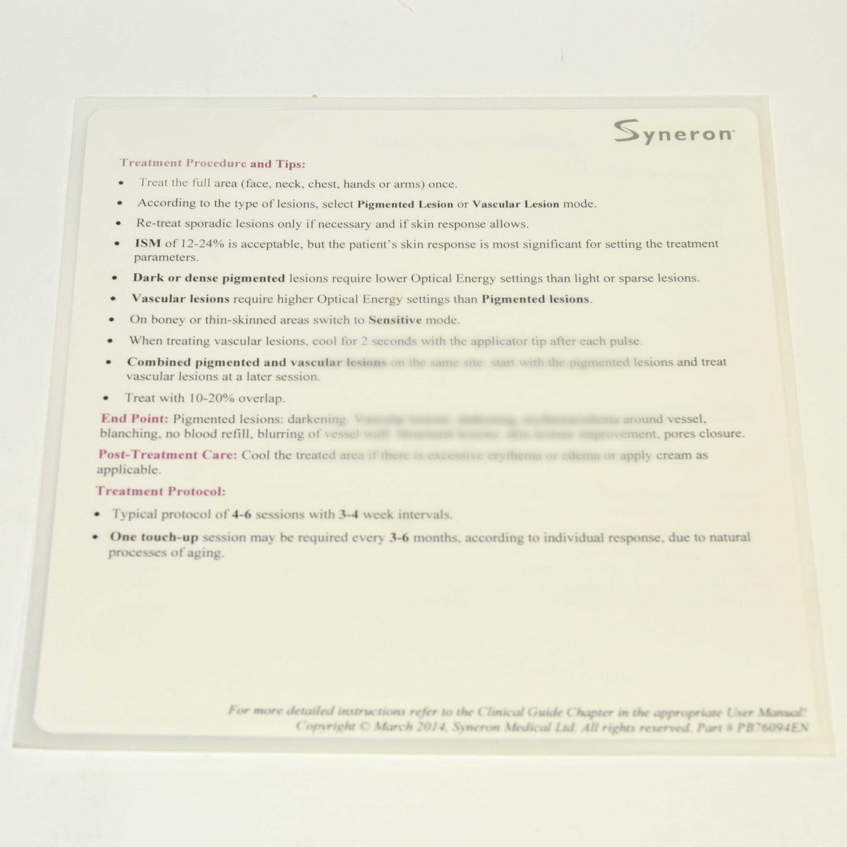 Syneron Candela Elos Plus SR Treatment Quick Reference Guide Parameters User Tip