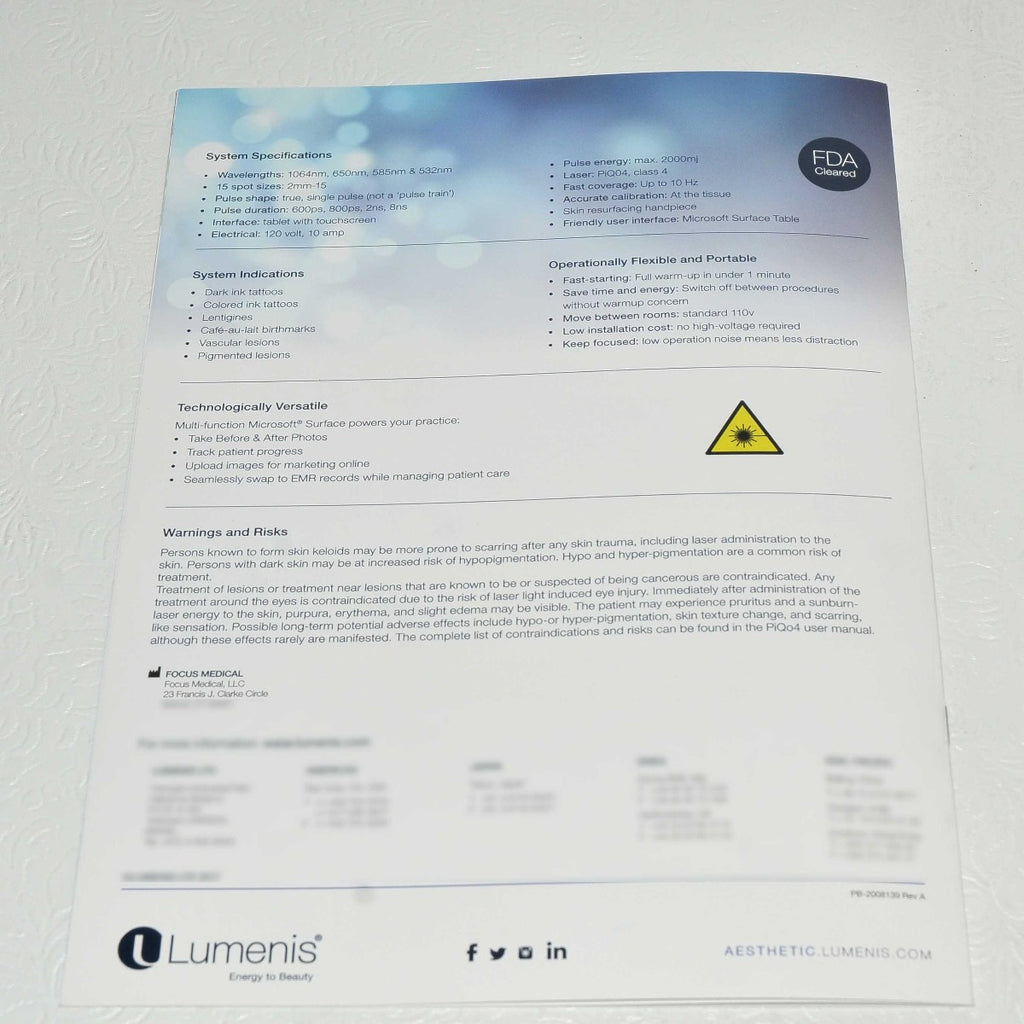 Lumenis PiQo4 Laser Tattoo Removal Patient Office Marketing Brochure PiQ04 x9Pcs