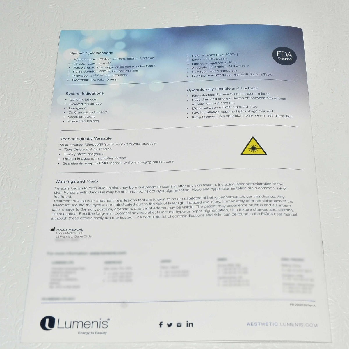 Lumenis PiQo4 Laser Tattoo Removal Patient Office Marketing Brochure PiQ04 x9Pcs