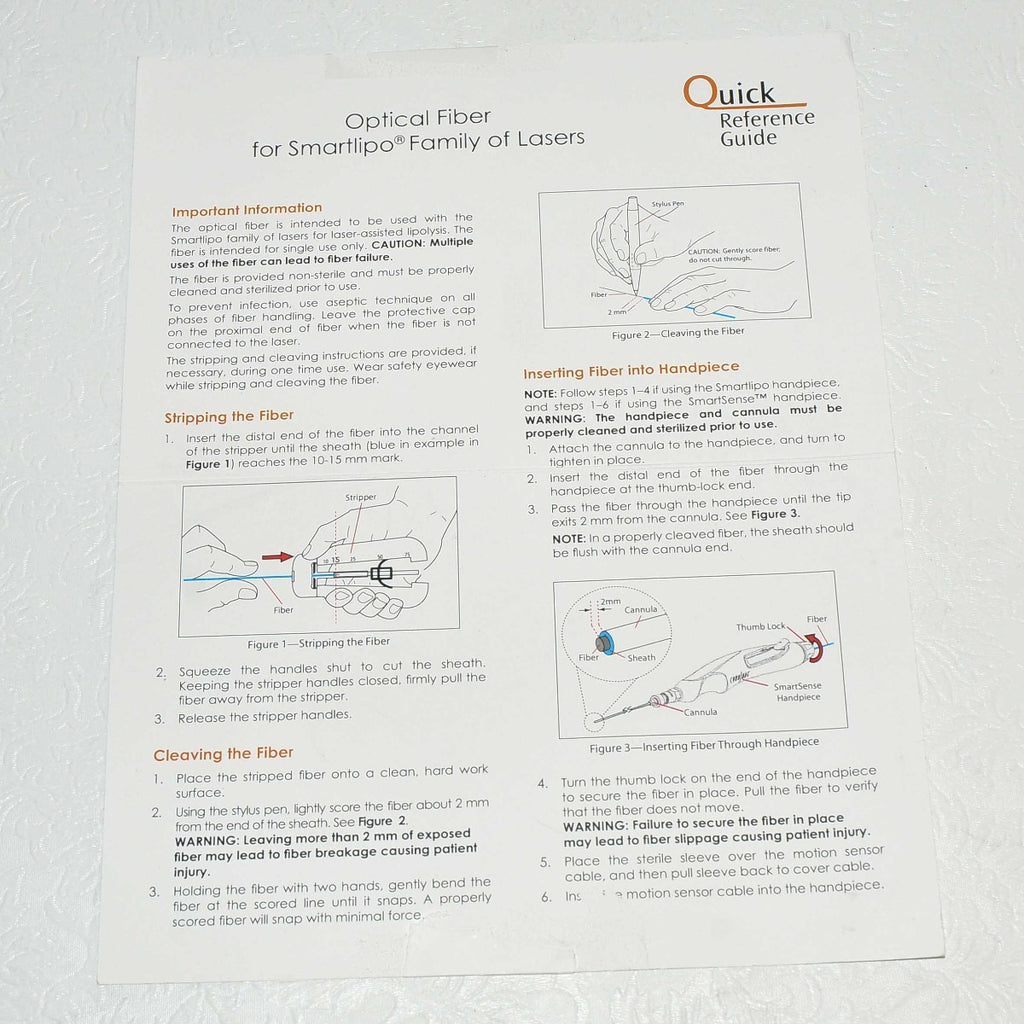 Cynosure SmartLipo Laser 600 um Blue Clear Optical Fiber Quick Reference Guide