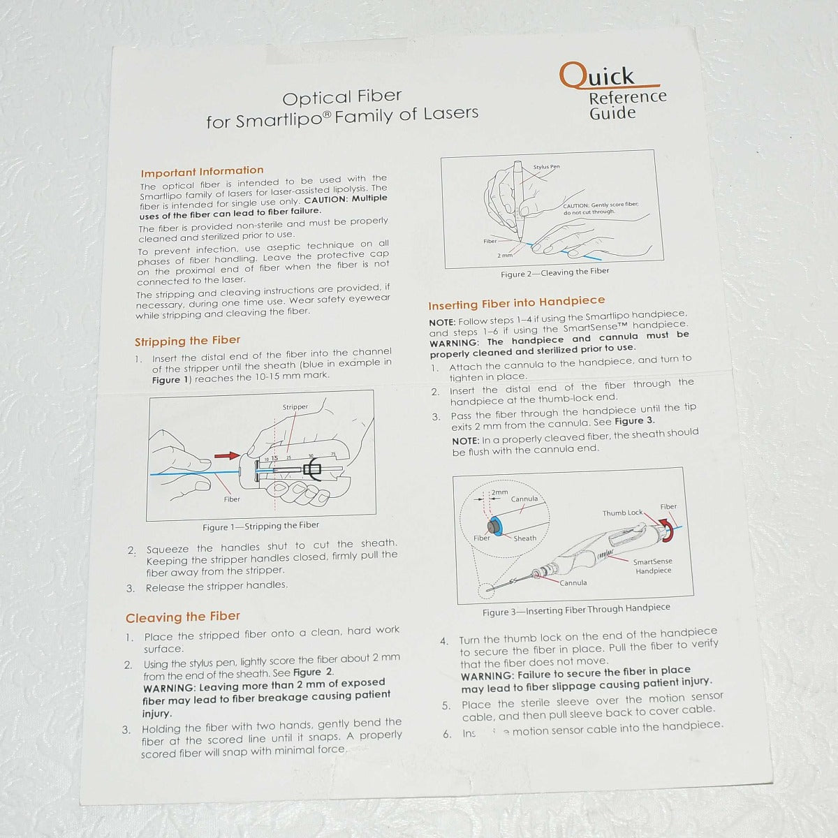 Cynosure SmartLipo Laser 600 um Blue Clear Optical Fiber Quick Reference Guide