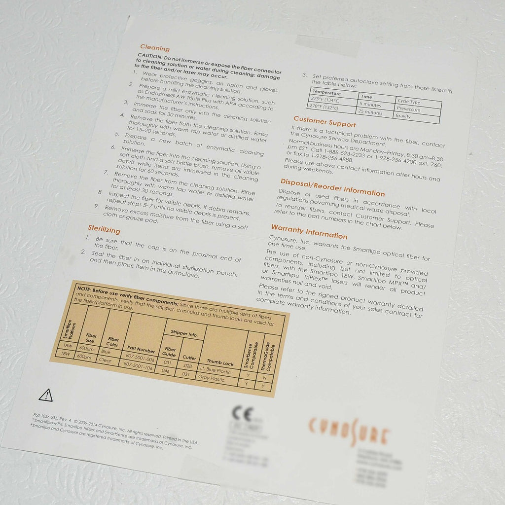 Cynosure SmartLipo Laser 600 um Blue Clear Optical Fiber Quick Reference Guide