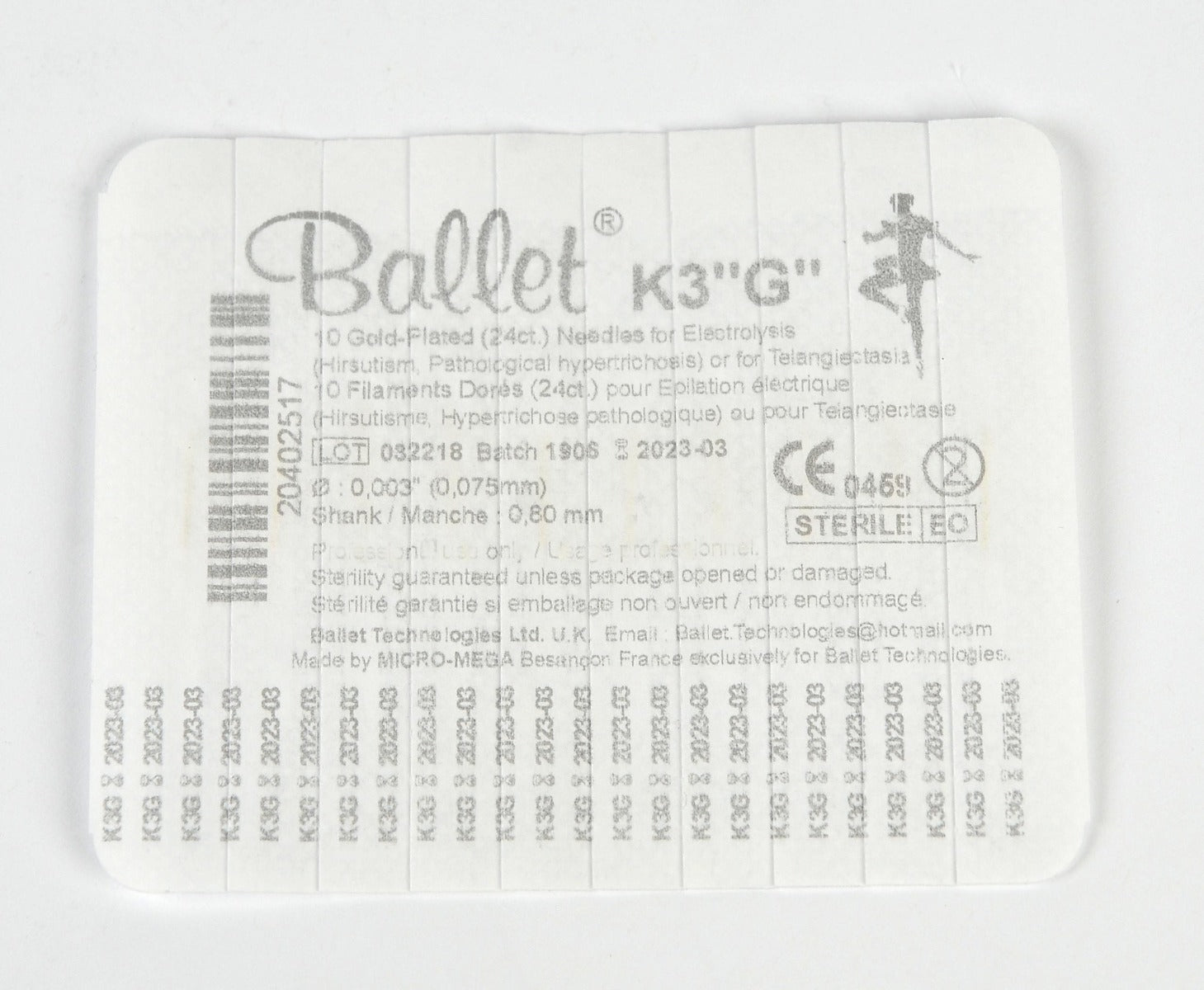 Ballet K3 G 0.075mm x 0.80mm Electrolysis Needle Filaments x50 Pcs Exp 03/23