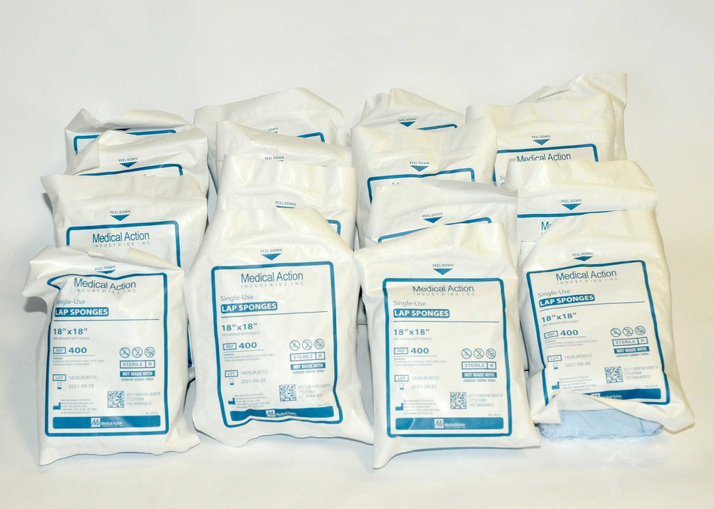 Lap Sponges 18"x18" Pre-Washed with Bands Medical Action Non Rubber Latex x16Pcs
