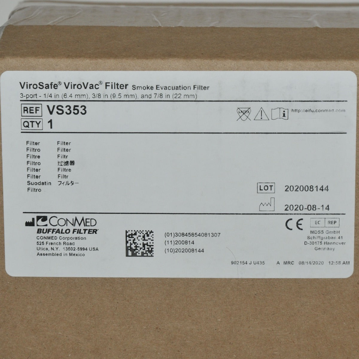 Buffalo Filter ViroSafe ViroVac Smoke Evacuation Filter 3 Port 35 Hour VS353 NEW