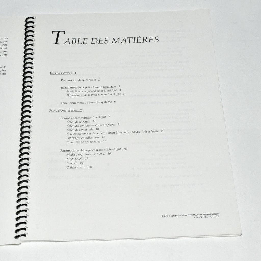 Cutera LimeLight Operator Manual User Guide FRENCH Manuel d'utilisation D0436F
