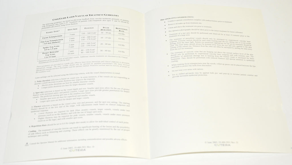 Cutera Laser CoolGlide Excel Vantage Xeo Vascular Treatment Guideline Guide