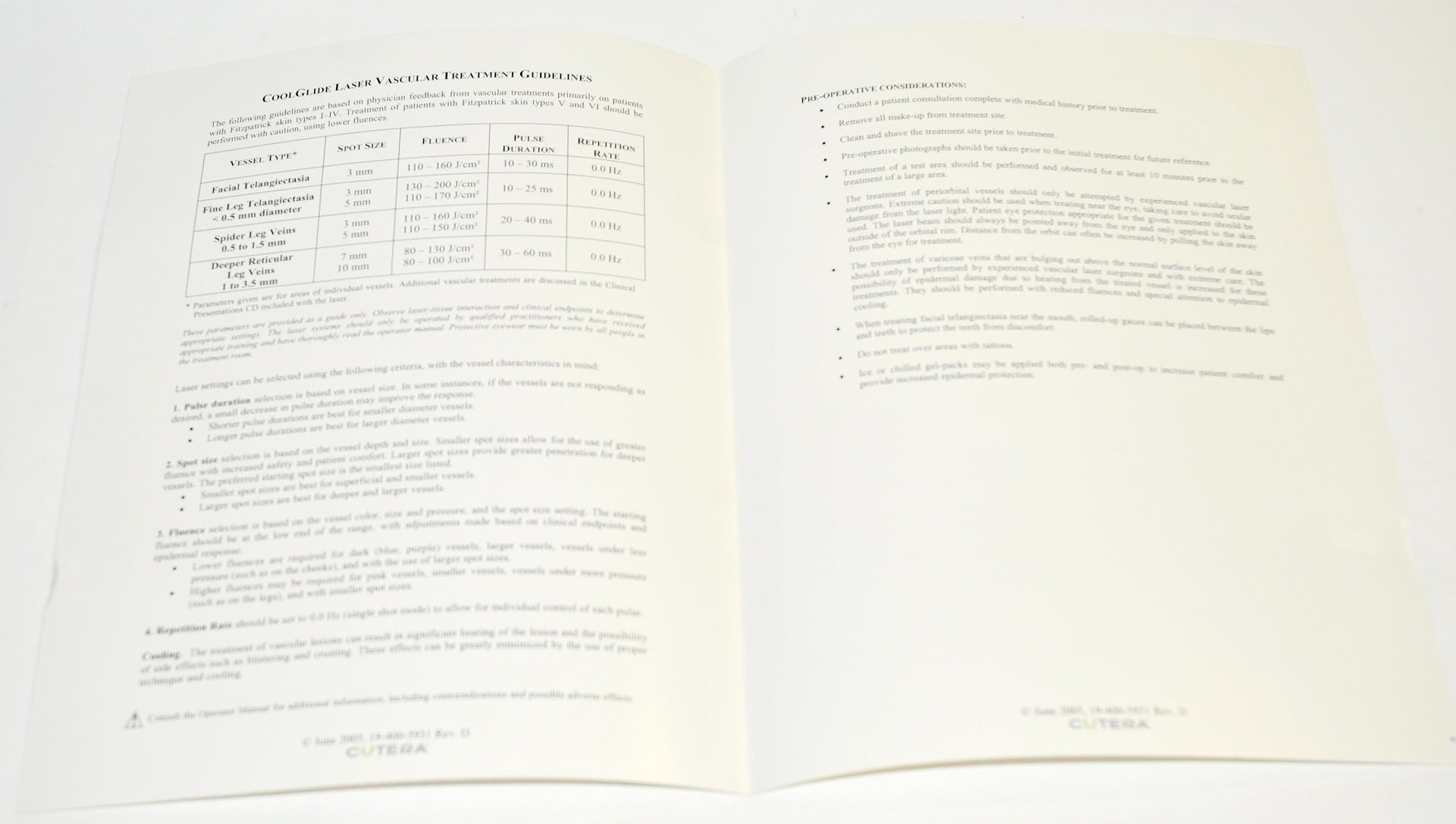 Cutera Laser CoolGlide Excel Vantage Xeo Vascular Treatment Guideline Guide
