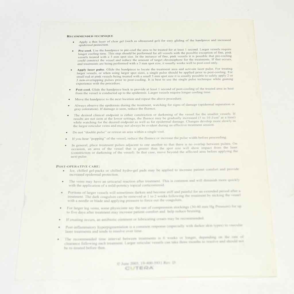 Cutera Laser CoolGlide Excel Vantage Xeo Vascular Treatment Guideline Guide