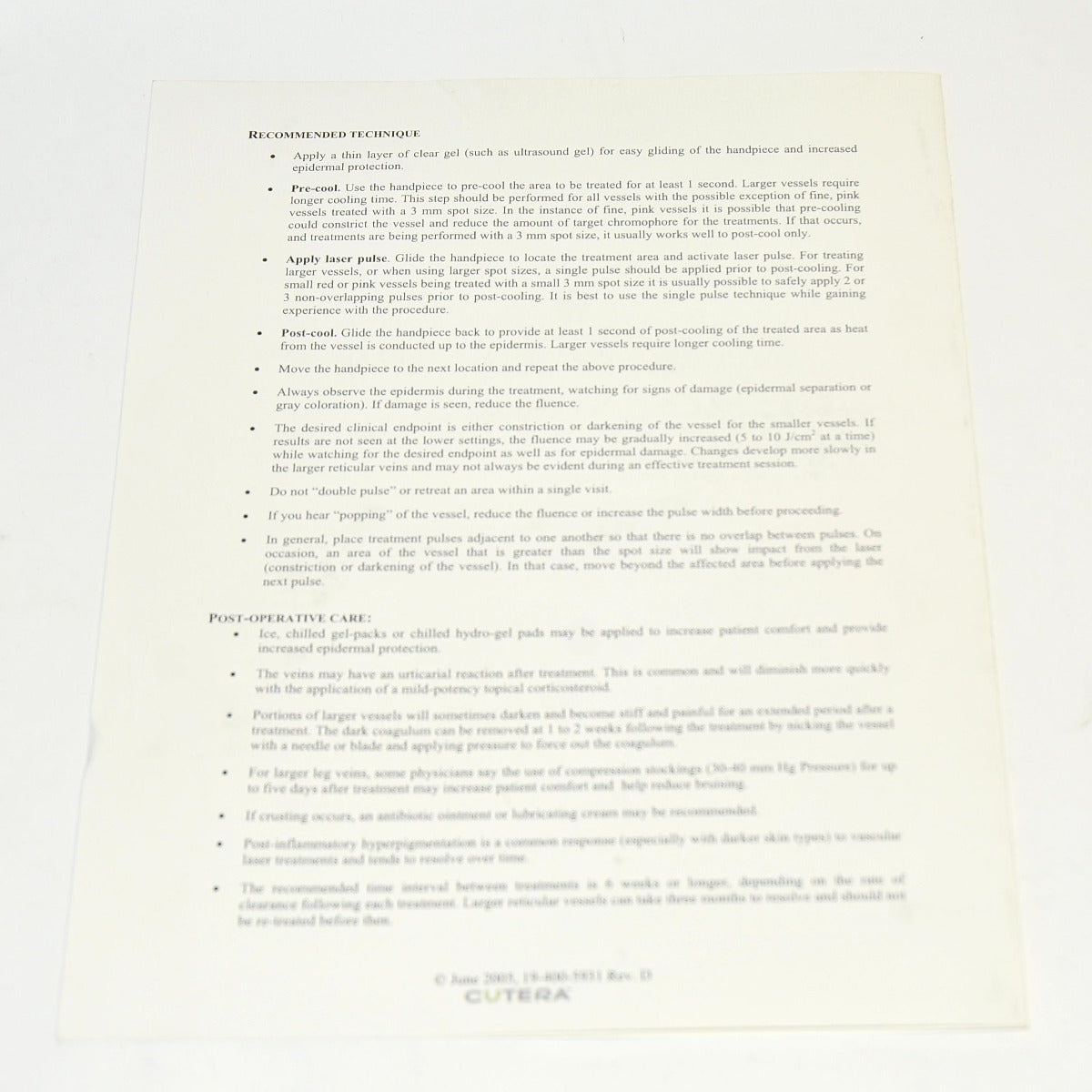 Cutera Laser CoolGlide Excel Vantage Xeo Vascular Treatment Guideline Guide