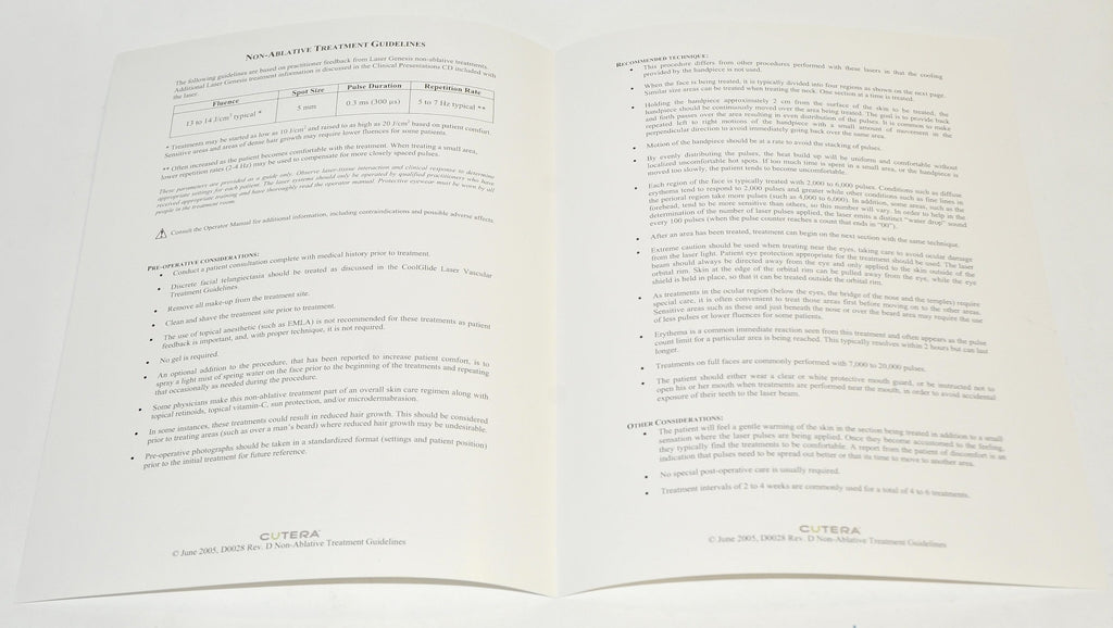 Cutera Laser Genesis CoolGlide Vantage Xeo Non-Ablative Treatment Guidelines