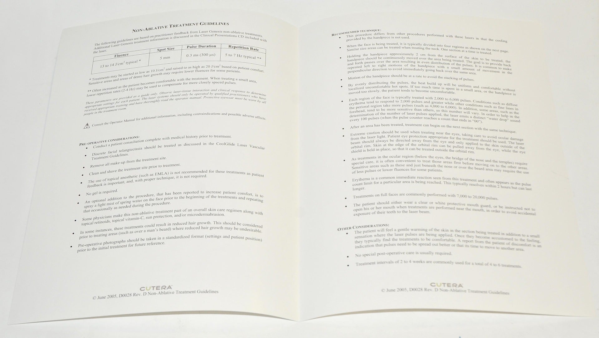 Cutera Laser Genesis CoolGlide Vantage Xeo Non-Ablative Treatment Guidelines
