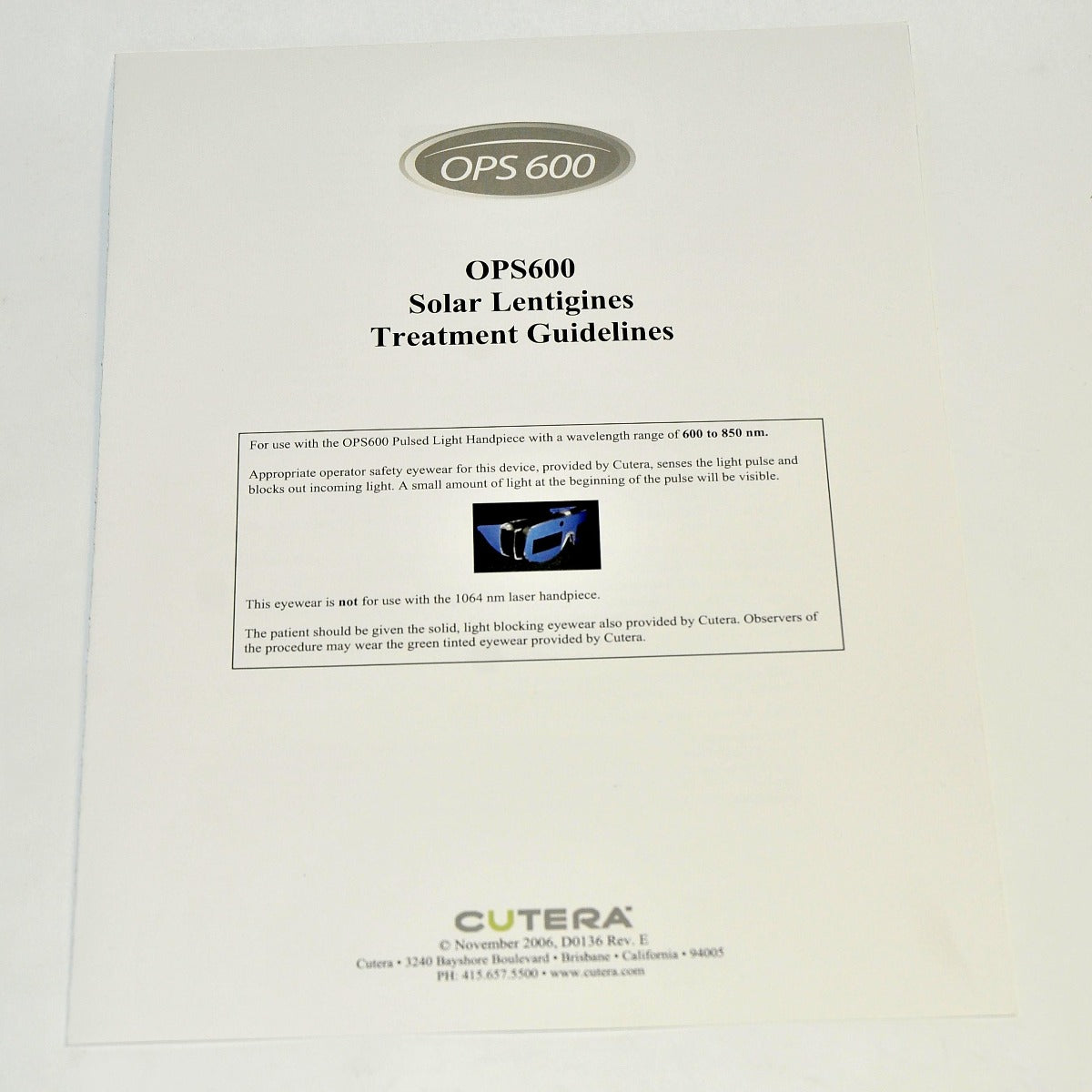 Cutera Laser OPS600 Handpiece Solar Lentigines Treatment Guideline Guide OPS 600