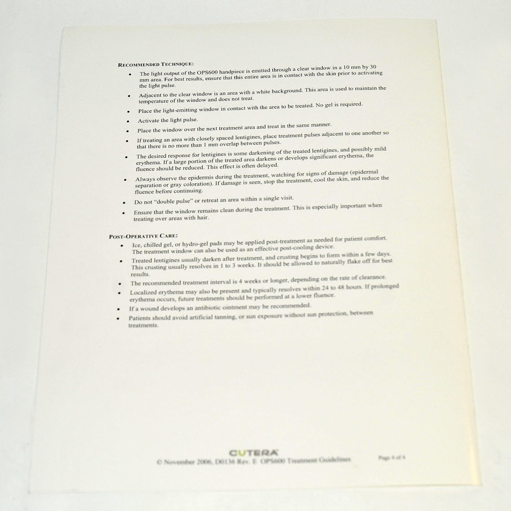 Cutera Laser OPS600 Handpiece Solar Lentigines Treatment Guideline Guide OPS 600
