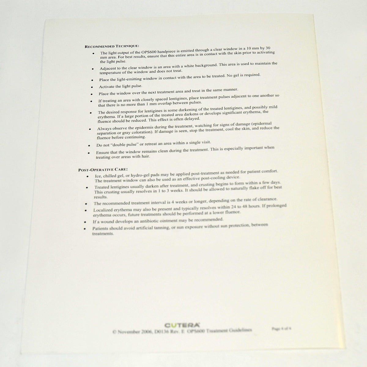 Cutera Laser OPS600 Handpiece Solar Lentigines Treatment Guideline Guide OPS 600