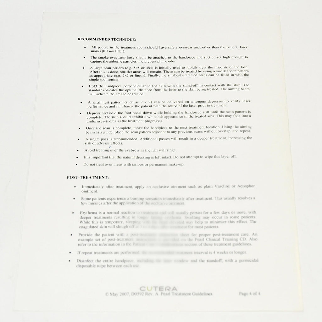 Cutera Laser Pearl Fractional Handpiece Treatment Guidelines D0592 User Guide