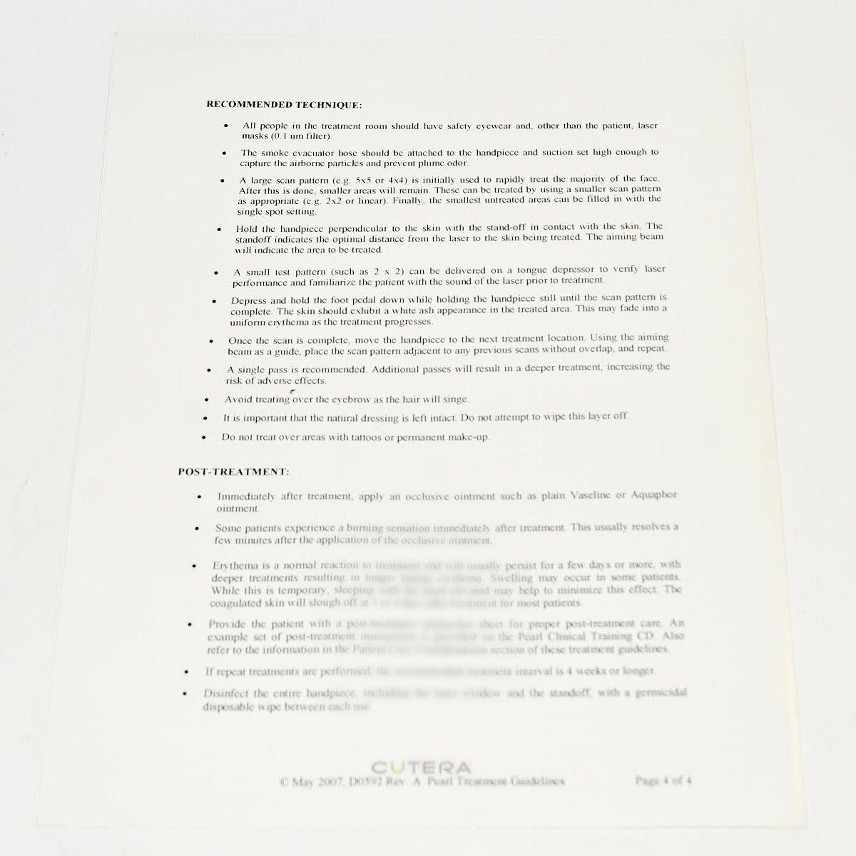 Cutera Laser Pearl Fractional Handpiece Treatment Guidelines D0592 User Guide