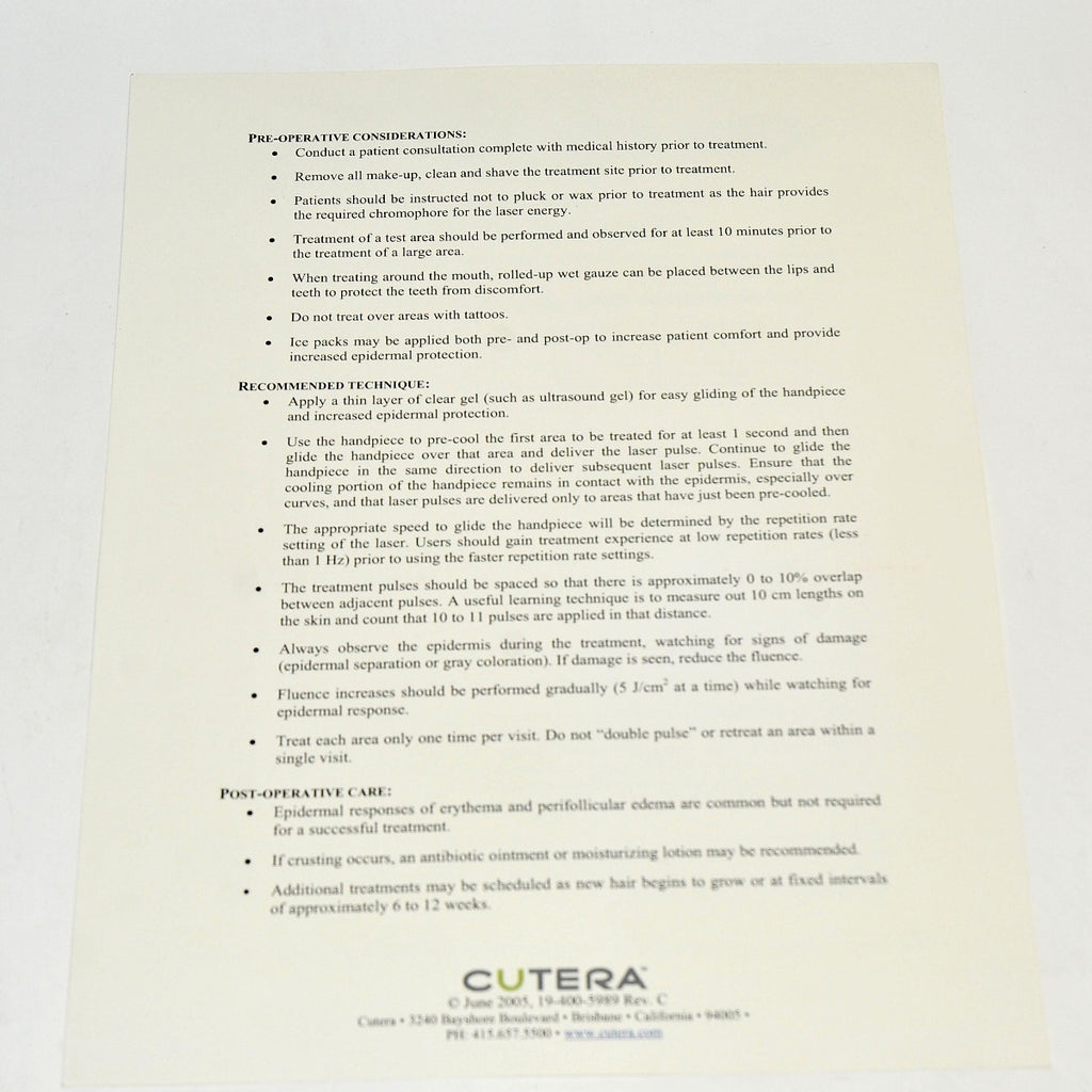 Cutera CoolGlide Excel Vantage Xeo CV Treatment Guideline Face Body Hair Removal