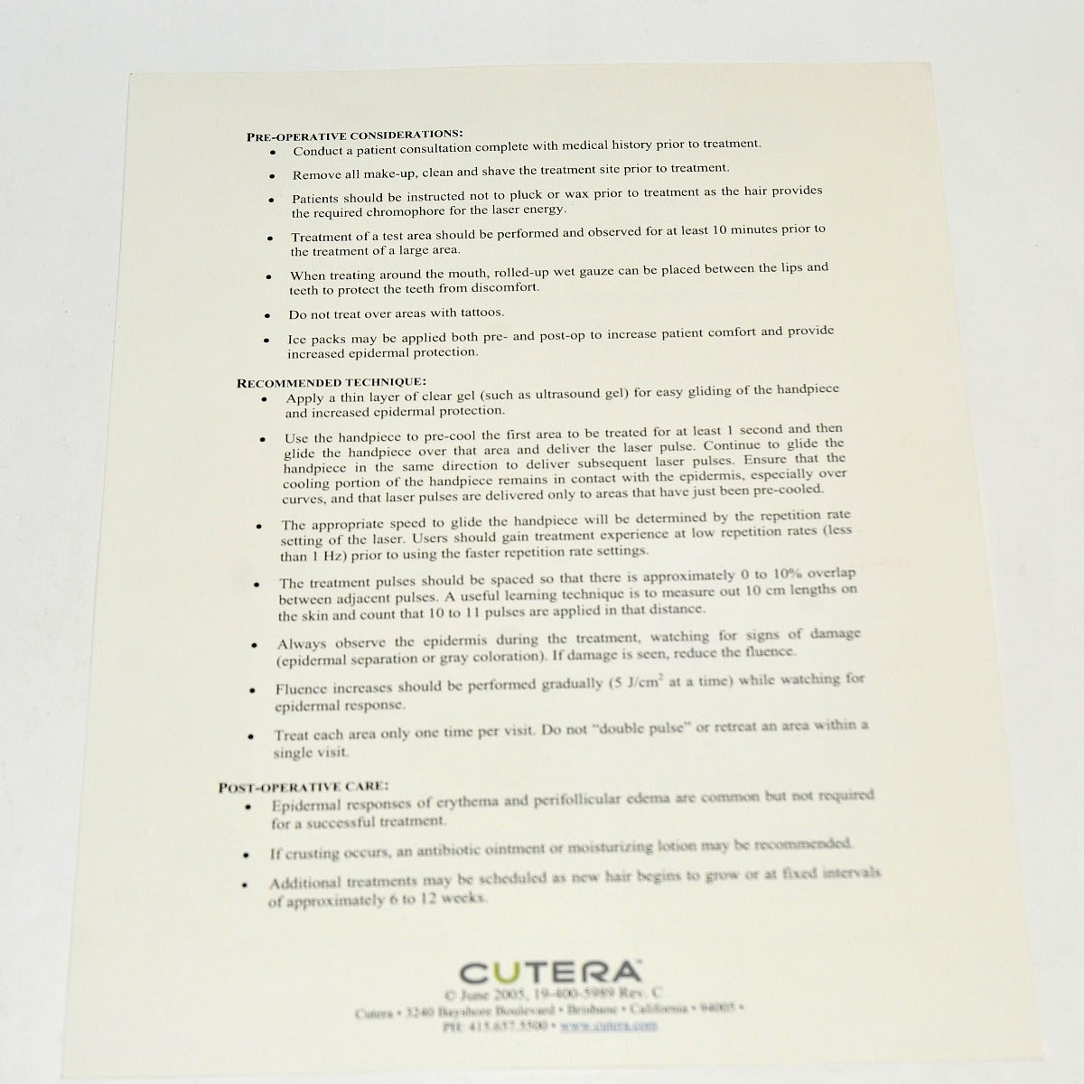 Cutera CoolGlide Excel Vantage Xeo CV Treatment Guideline Face Body Hair Removal