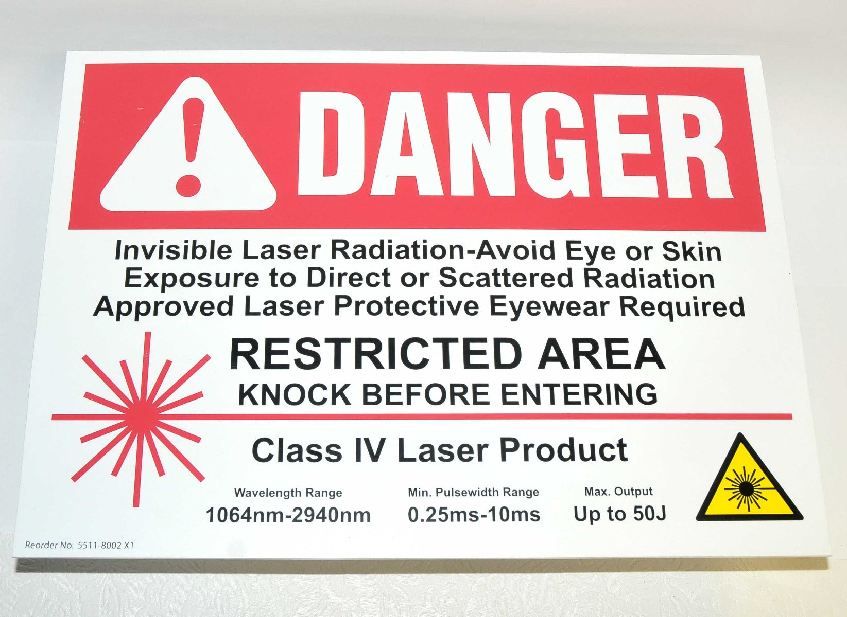 DANGER Warning Sign CLASS IV LASER Restricted Area 1064 2940 nm Knock Before