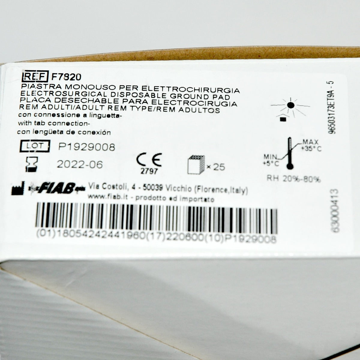 FIAB Electrosurgical Disposable Ground Pads REF F7820 Rem Type Exp 06-2022 x25Pc
