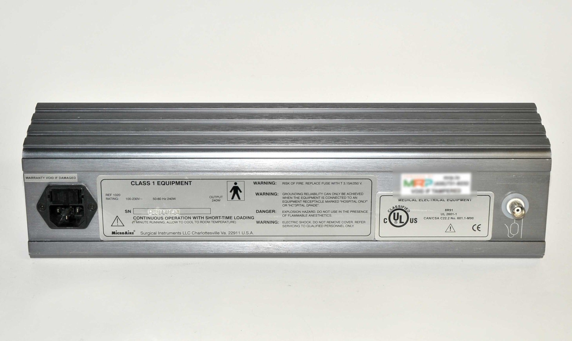MicroAire 1020 PAL-600E Base Console Rear Panel Assembly Back Case Cover PARTS