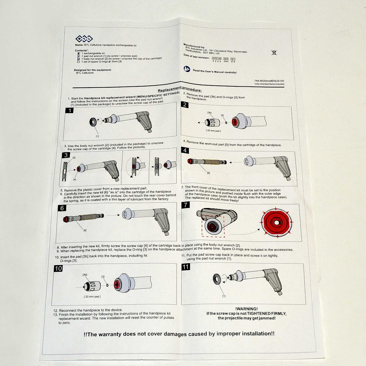 BTL Cellutone 20mm Pad Handpiece Acoustic Shockwave 214-PAD20100 KIT Wrench NEW