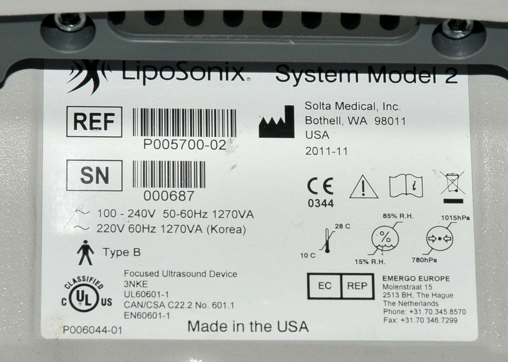 Solta Medical 2012 LIPOSONIX System Model 2 Focused Ultrasound Device