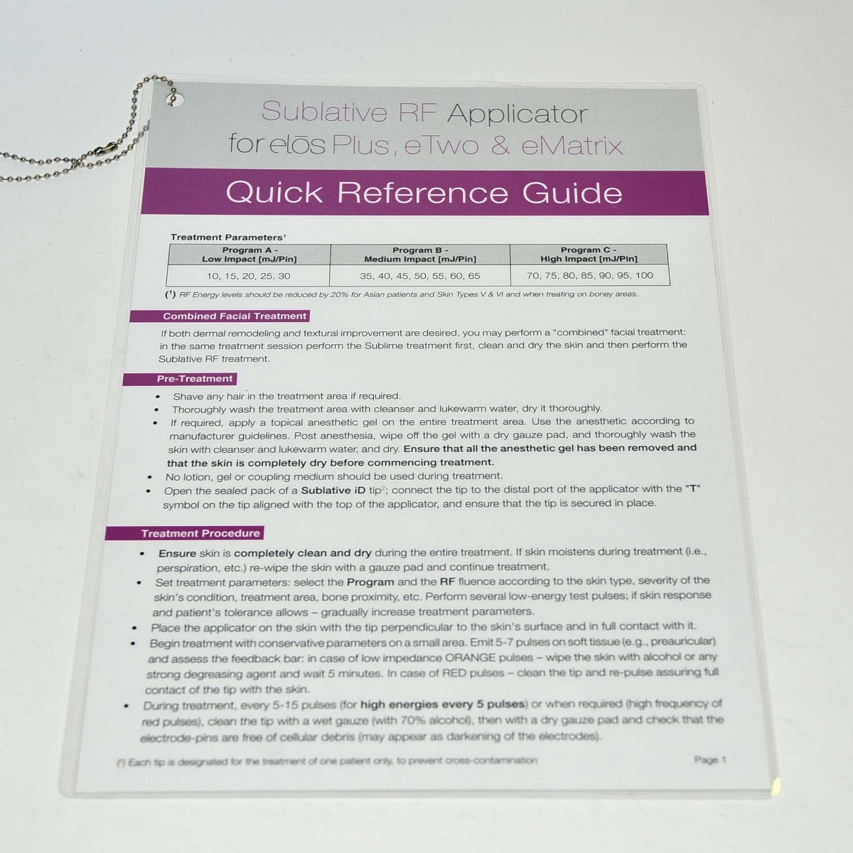 Syneron Sublative RF Applicator elos Plus eTwo eMatrix Quick Reference Guide