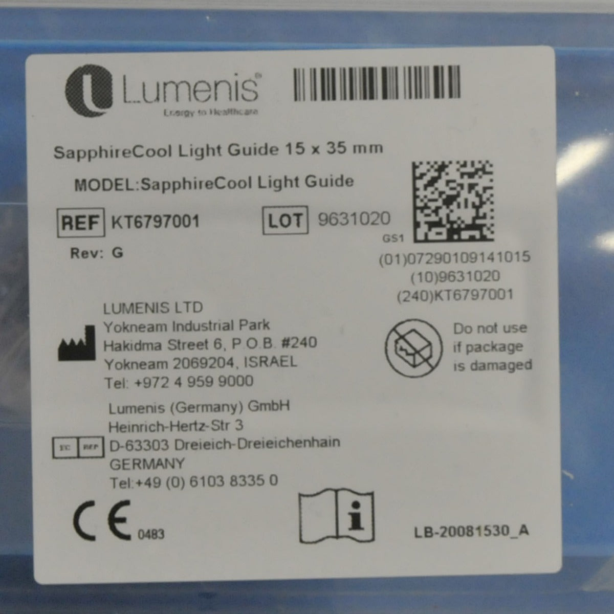 NEW Lumenis Lume One Universal IPL Small SapphireCool Light Guide 8x15 KT6797001