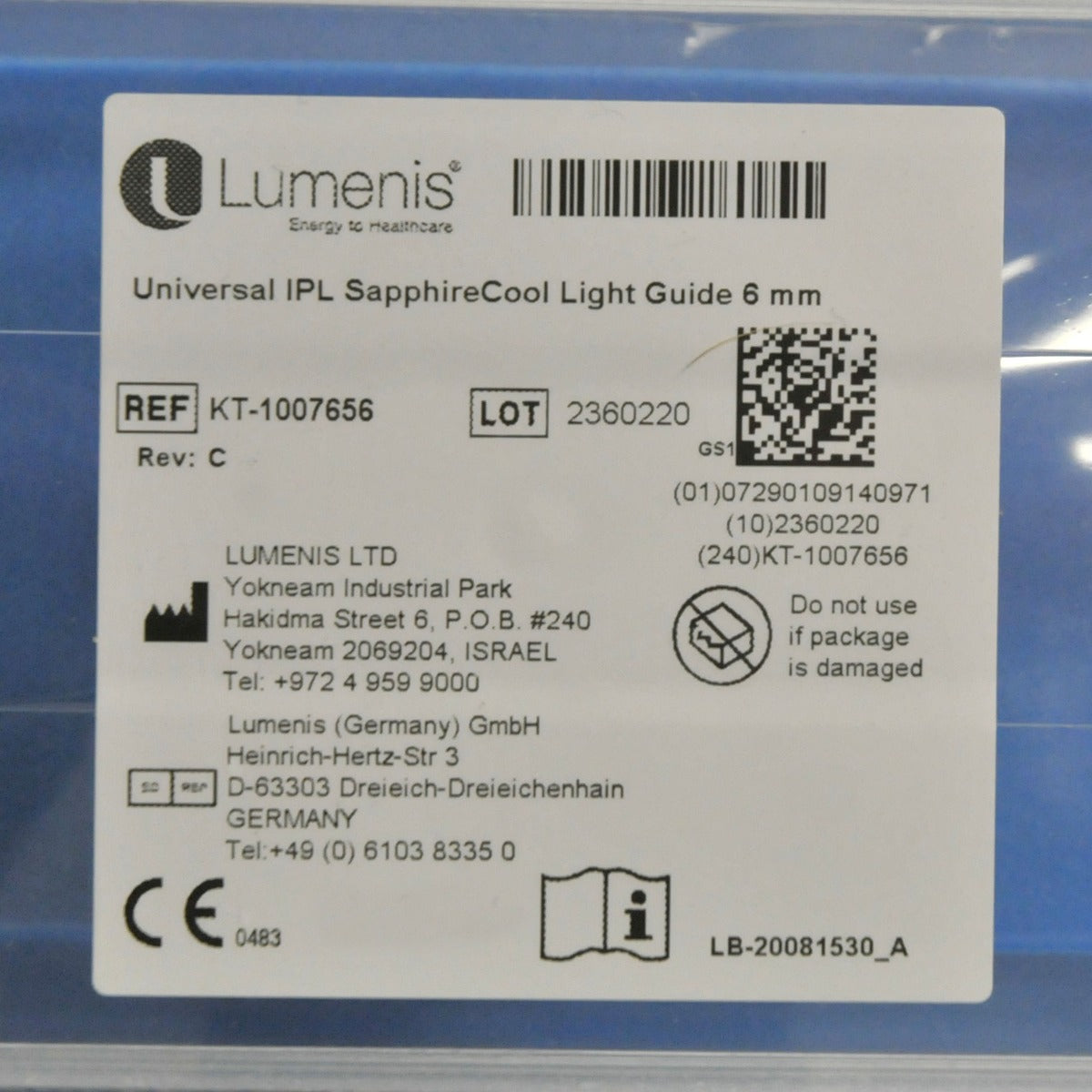 Lumenis Lume One Universal IPL Small SapphireCool Light Guide 6MM KT1007656 NEW