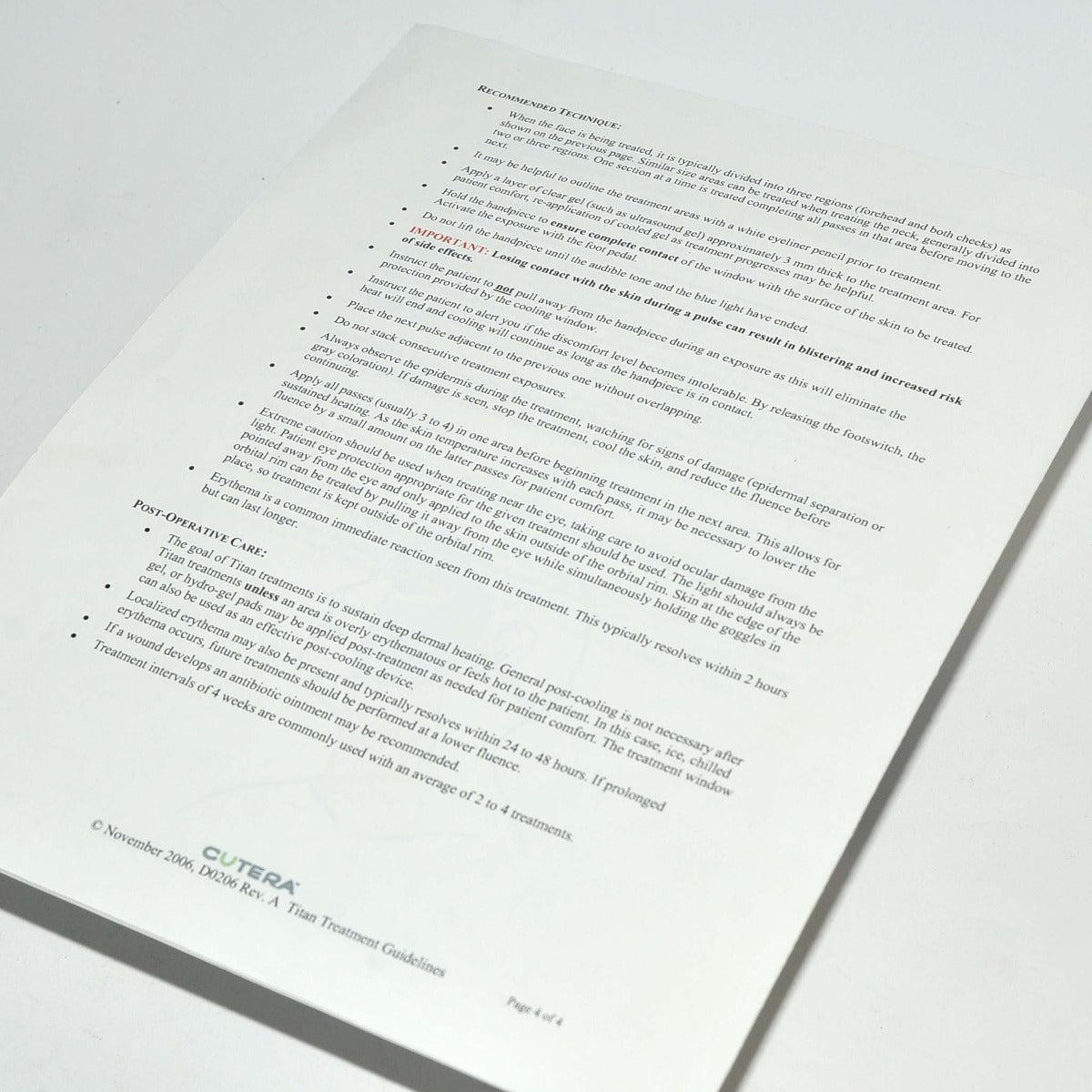 Cutera Titan Treatment Guidelines S V XL HandPiece Reference Guide User