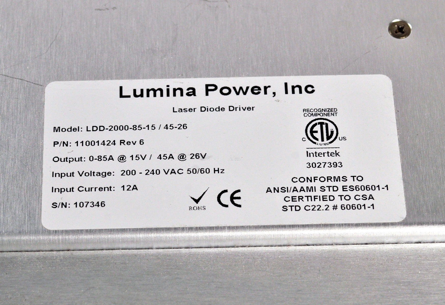 Cynosure SculpSure Laser Diode Driver Lumina Power LD-2000-85-15 Electrical PART AS-IS