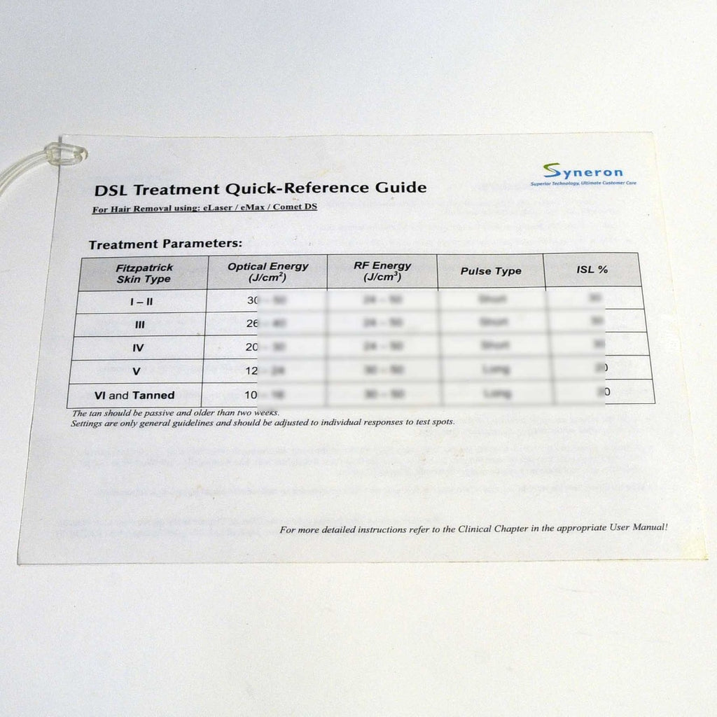 Syneron DSL Treatment Quick Reference Guide eLaser eMax Comet DS Parameters