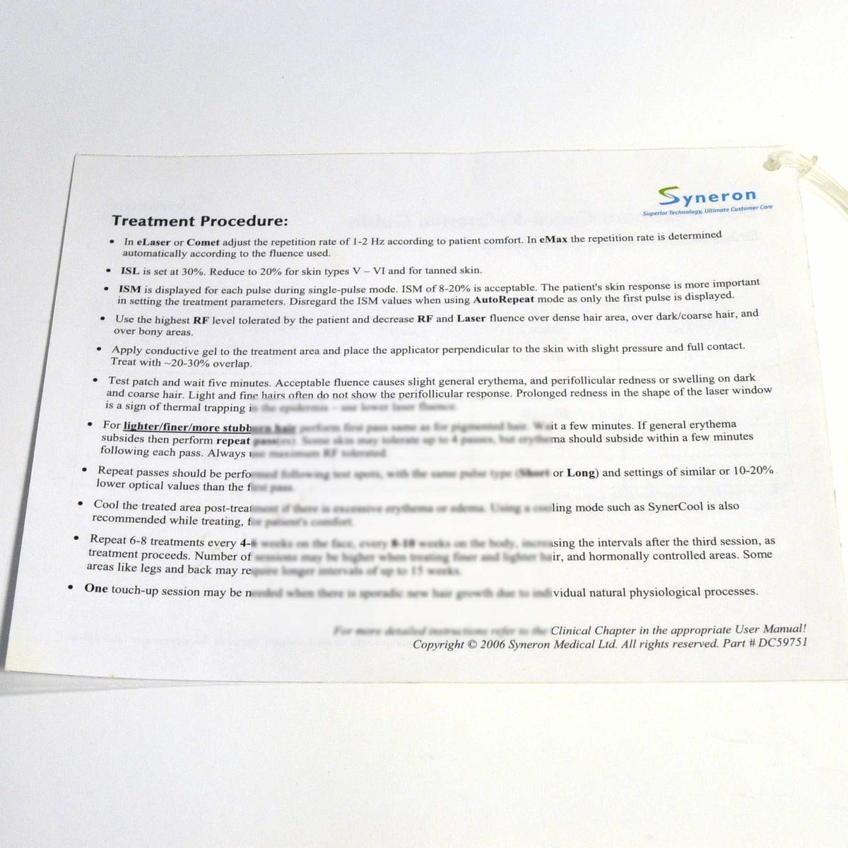 Syneron DSL Treatment Quick Reference Guide eLaser eMax Comet DS Parameters