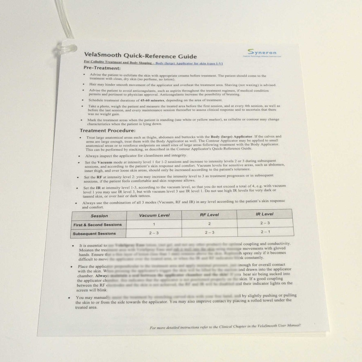 Syneron VelaSmooth Quick Reference Guide Cellulite Treatment Body Shape DC59681