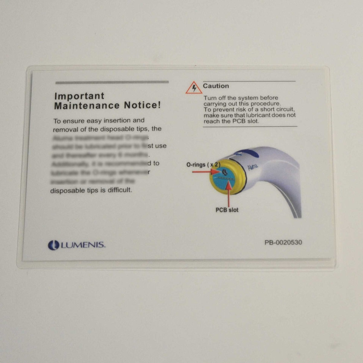 Lumenis Aluma Treatment Head Handpiece Caution Maintenance Notice O-Rings Tips