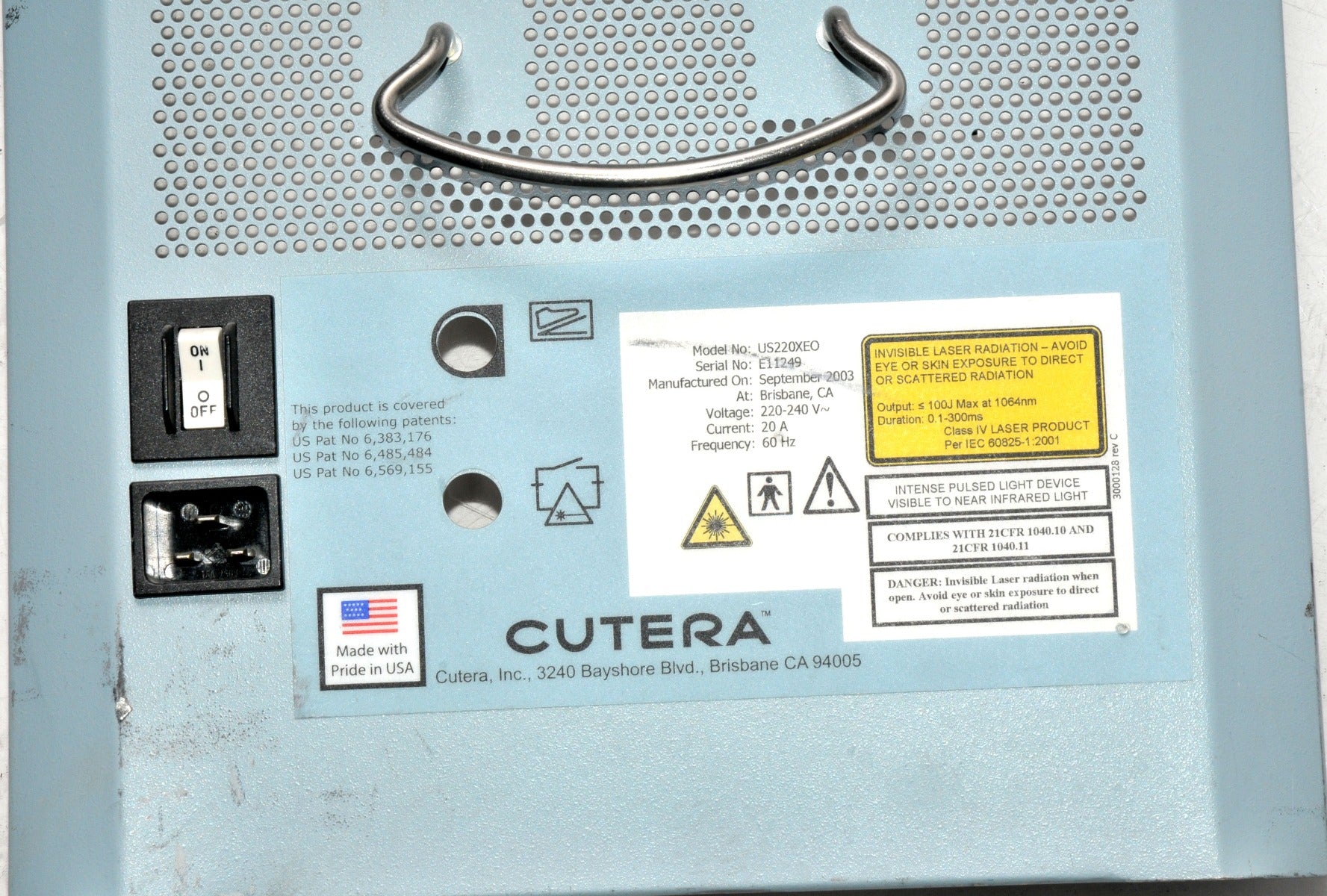Cutera XEO CoolGlide Laser REAR BACK PANEL COVER On Off SWITCH HANDPIECE Mast