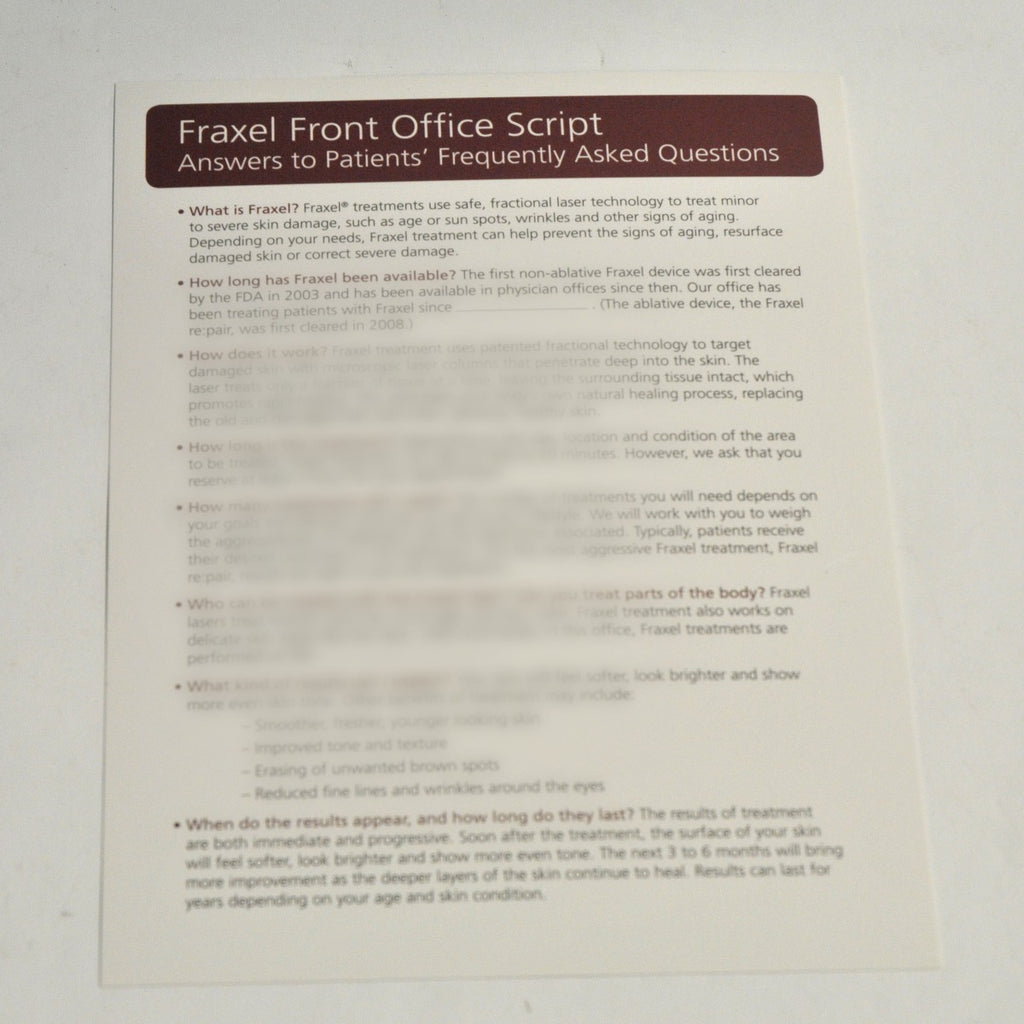 Fraxel Front Office Dialog Script Patient Questions Answers FAQ Guide MK1149A