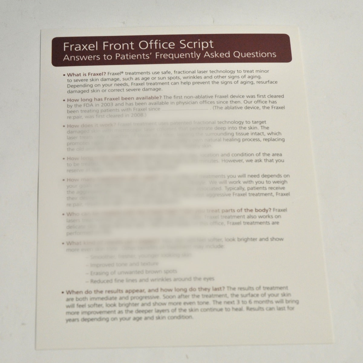 Fraxel Front Office Dialog Script Patient Questions Answers FAQ Guide MK1149A