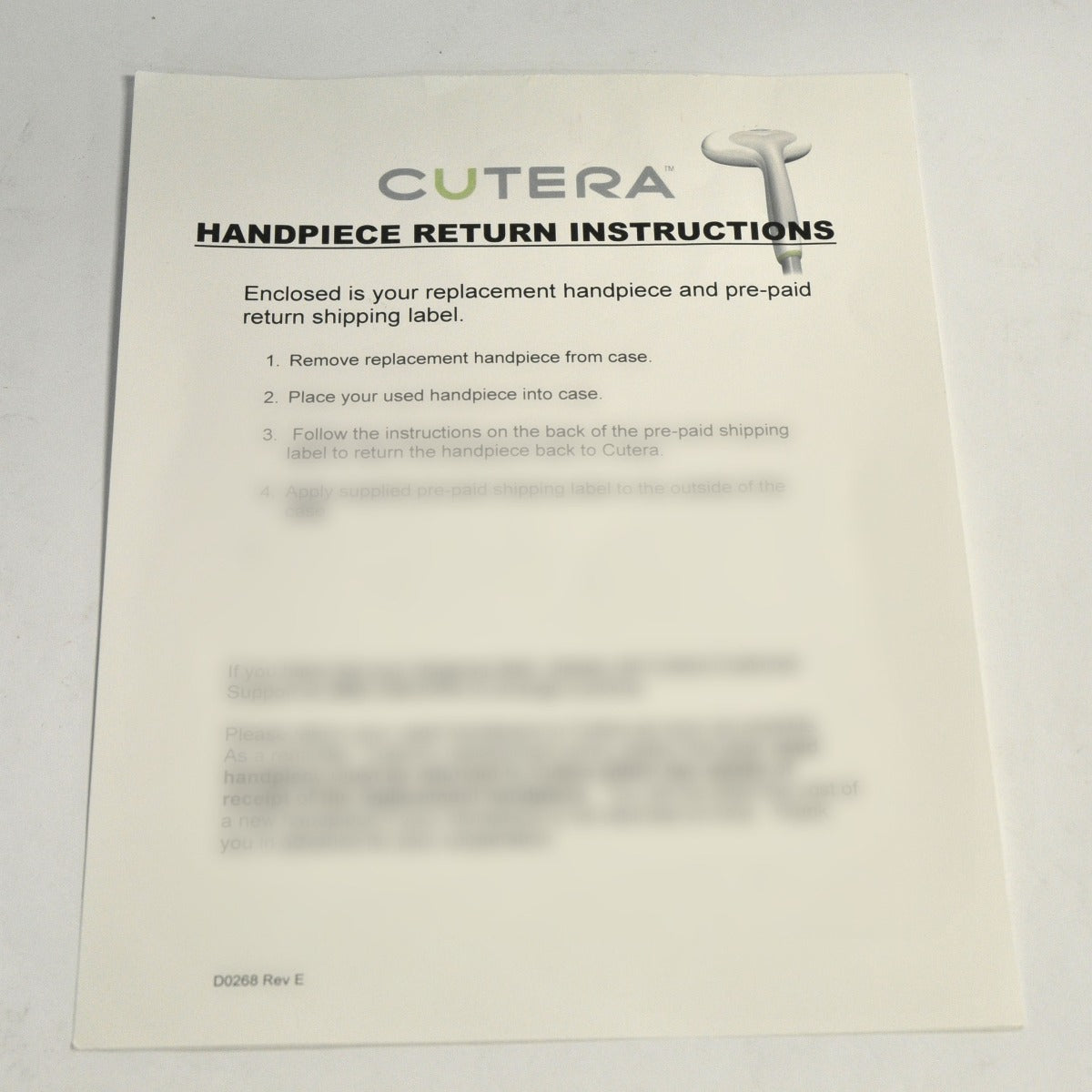 Cutera Laser Handpiece Return Instructions Replacement Hand Piece Directions