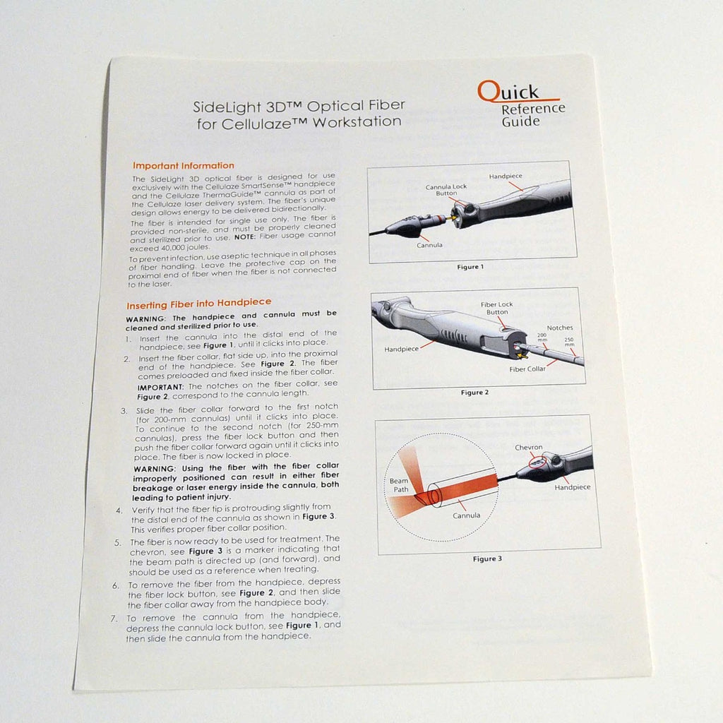 Cynosure SmartLipo SideLight 3D Cellulaze Optical Fiber Quick Reference Guide