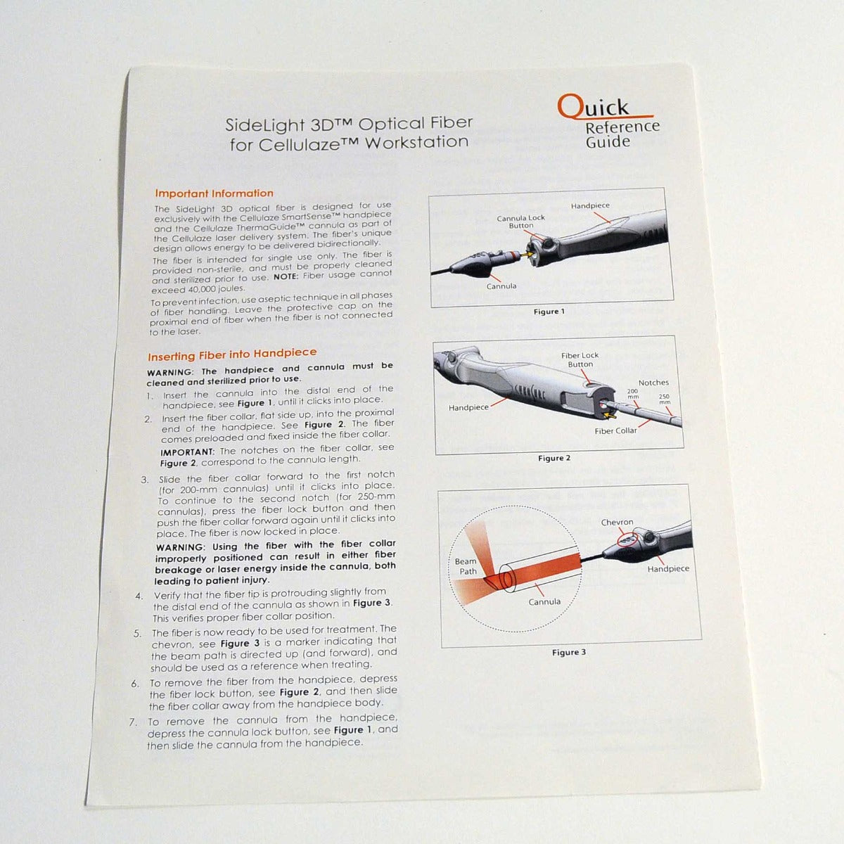 Cynosure SmartLipo SideLight 3D Cellulaze Optical Fiber Quick Reference Guide