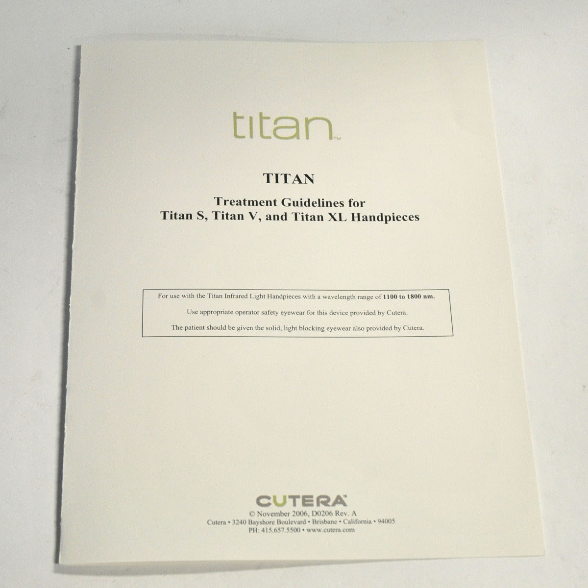 Cutera Titan IR Handpiece Treatment Guidelines S V XL Hand Piece User Reference