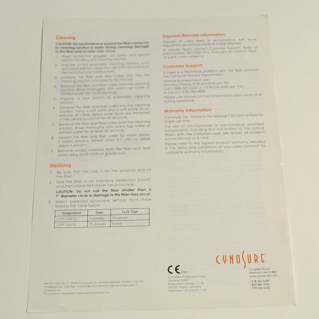 Cynosure SmartLipo SideLight 3D Cellulaze Optical Fiber Quick Reference Guide
