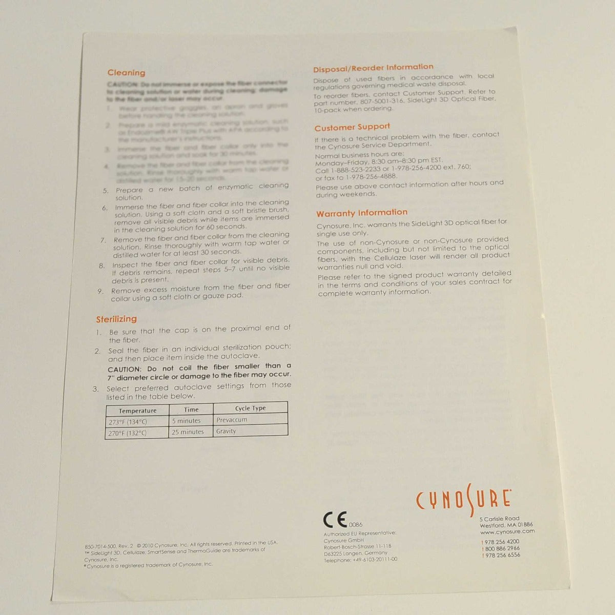 Cynosure SmartLipo SideLight 3D Cellulaze Optical Fiber Quick Reference Guide