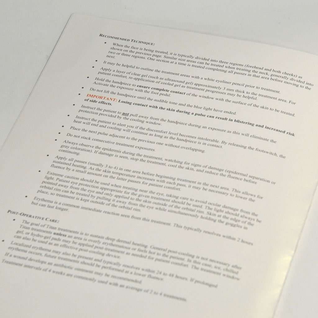 Cutera Titan Treatment Guidelines S V XL Hand Piece User Reference